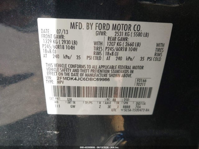 2013 Ford Edge Sel მანქანა იყიდება აუქციონზე, vin: 2FMDK4JC6DBC69986, აუქციონის ნომერი: 45395906