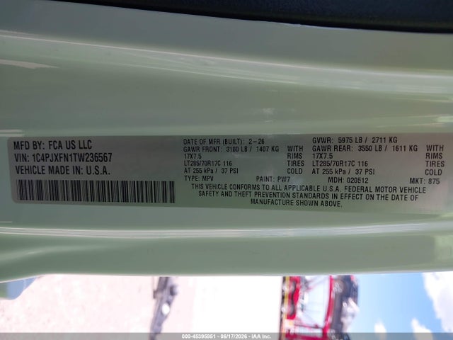 Продаж на аукціоні авто 2026 Jeep Wrangler Rubicon 4x4, vin: 1C4PJXFN1TW236567, номер лоту: 45395951