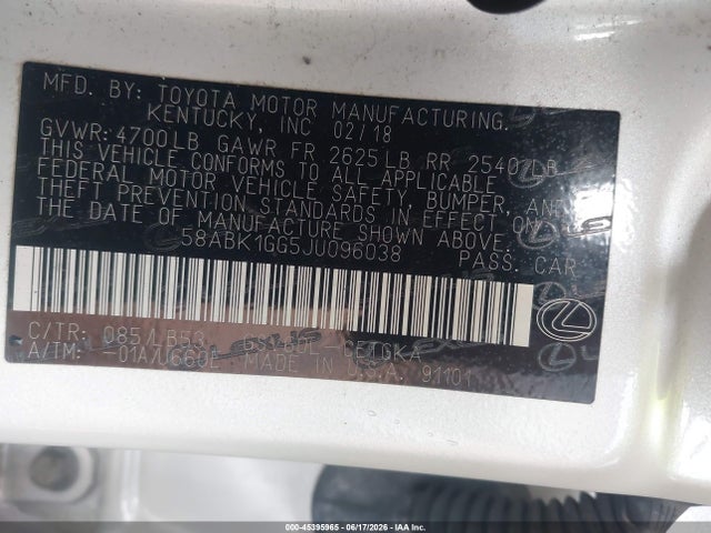 Продажа на аукционе авто 2018 Lexus Es 350, vin: 58ABK1GG5JU096038, номер лота: 45395965