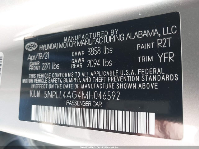 5NPLL4AG4MH046592 Hyundai ELANTRA SE