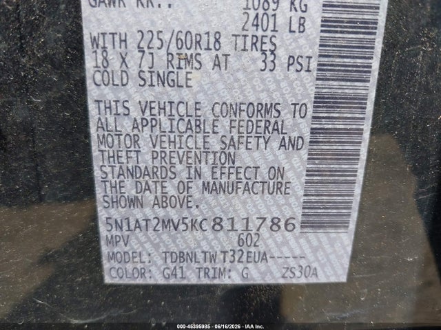 Продаж на аукціоні авто 2019 Nissan Rogue Sv, vin: 5N1AT2MV5KC811786, номер лоту: 45395985