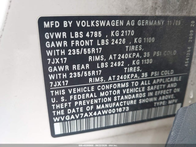 2010 Volkswagen Tiguan Wolfsburg Edition მანქანა იყიდება აუქციონზე, vin: WVGAV7AX4AW001673, აუქციონის ნომერი: 45395988