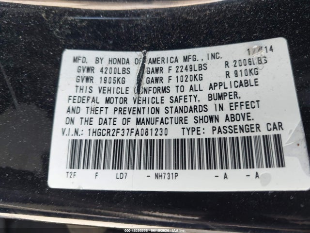 Honda ACCORD LX 2015 1HGCR2F37FA081230 Image 9