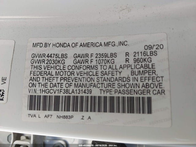 1HGCV1F38LA131439 Honda Accord Sport