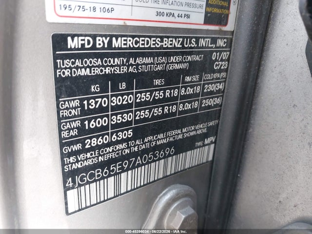Aukcja sprzedaży 2007 Mercedes-benz R 350 4matic, vin: 4JGCB65E97A053696, numer aukcji: 45396034