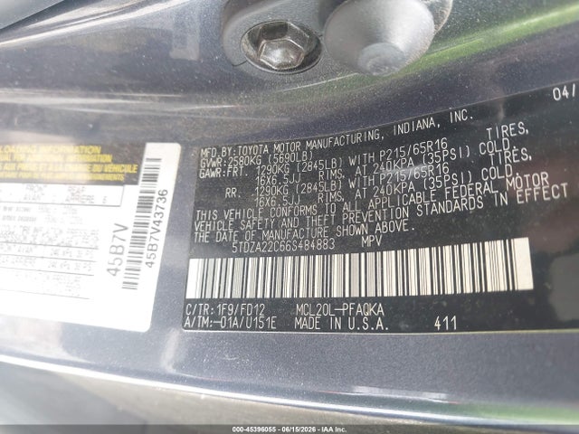 2006 Toyota Sienna Xle მანქანა იყიდება აუქციონზე, vin: 5TDZA22C66S484883, აუქციონის ნომერი: 45396055