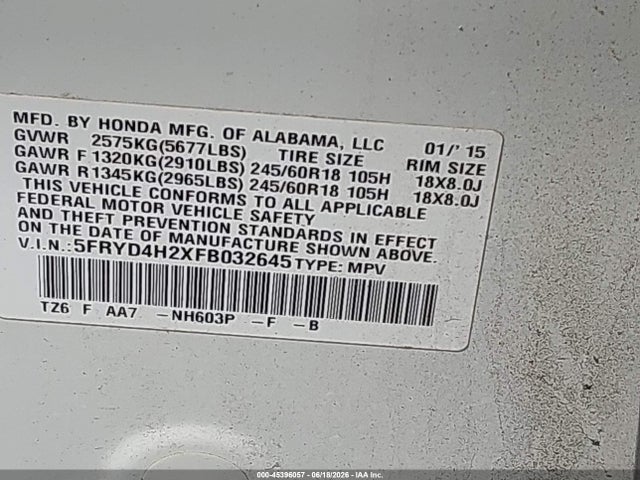 2015 Acura Mdx მანქანა იყიდება აუქციონზე, vin: 5FRYD4H2XFB032645, აუქციონის ნომერი: 45396057