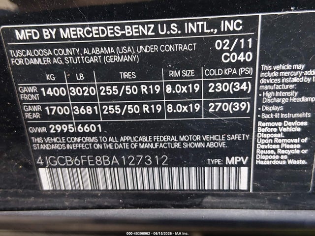 Продаж на аукціоні авто 2011 Mercedes-benz R 350 4matic, vin: 4JGCB6FE8BA127312, номер лоту: 45396062