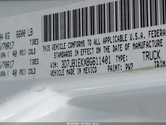 Aukcja sprzedaży 2011 Ram Ram 1500 St, vin: 3D7JB1EKXBG611401, numer aukcji: 45396065