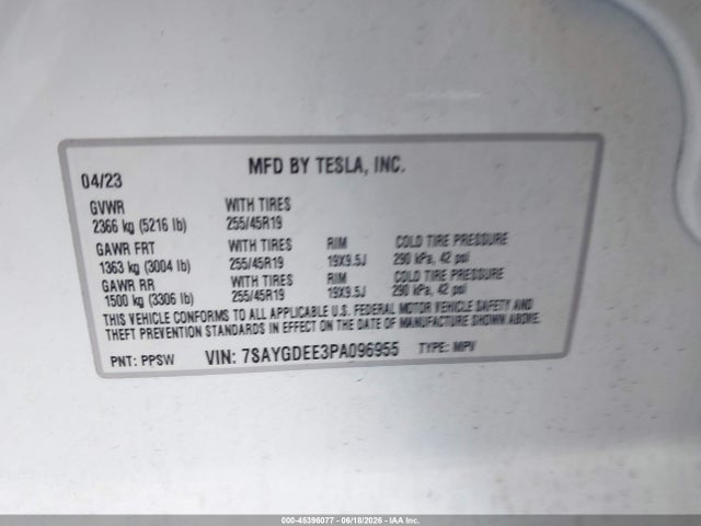Продажа на аукционе авто 2023 Tesla Model Y Awd/long Range Dual Motor All-wheel Drive, vin: 7SAYGDEE3PA096955, номер лота: 45396077