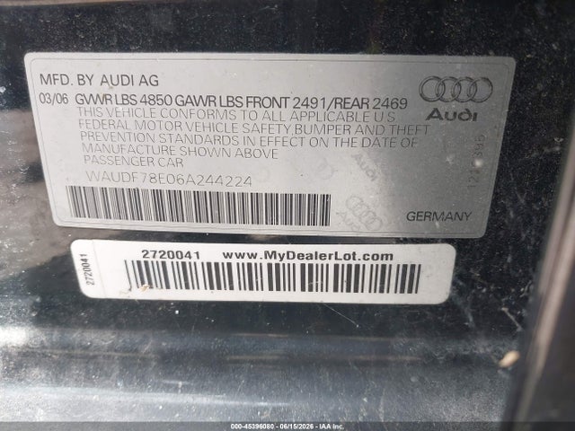 45396080 :رقم المزاد ، WAUDF78E06A244224 vin ، 2006 Audi A4 2.0t مزاد بيع