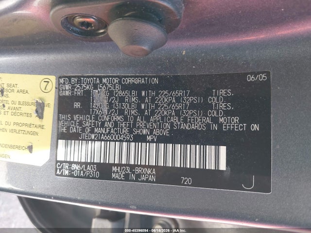 45396094 :رقم المزاد ، JTEDW21A660004593 vin ، 2006 Toyota Highlander Hybrid Limited V6 مزاد بيع