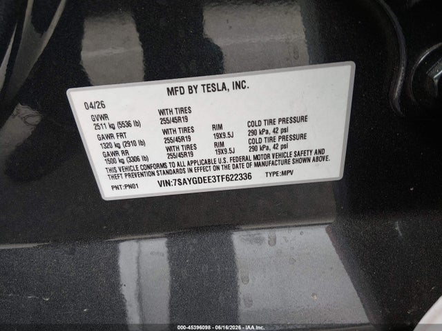 45396098 :رقم المزاد ، 7SAYGDEE3TF622336 vin ، 2026 Tesla Model Y مزاد بيع