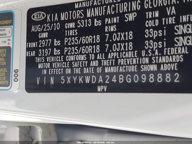 2011 Kia Sorento Sx V6 მანქანა იყიდება აუქციონზე, vin: 5XYKWDA24BG098882, აუქციონის ნომერი: 45396102