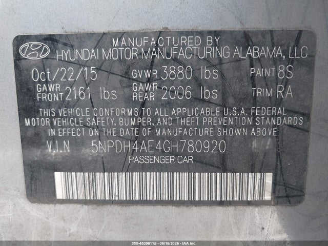 Aukcja sprzedaży 2016 Hyundai Elantra Se, vin: 5NPDH4AE4GH780920, numer aukcji: 45396115