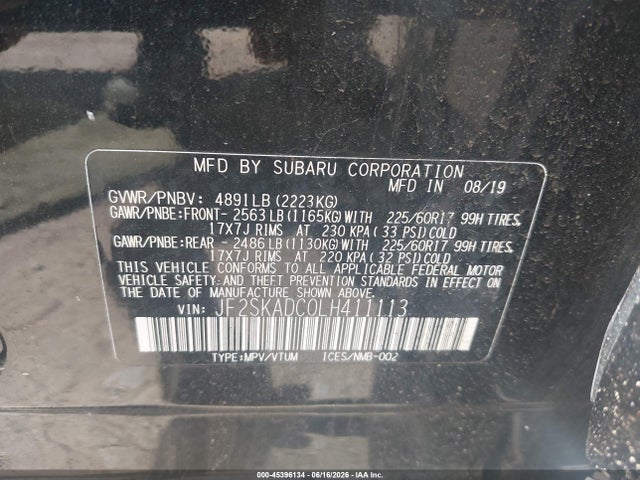 45396134 :رقم المزاد ، JF2SKADC0LH411113 vin ، 2020 Subaru Forester مزاد بيع