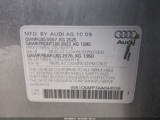 Aukcja sprzedaży 2010 Audi Q5 3.2 Premium, vin: WA1CKAFP7AA044536, numer aukcji: 45396137