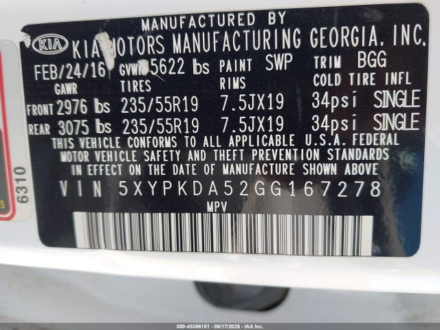 Продажа на аукционе авто 2016 Kia Sorento 3.3l Sx, vin: 5XYPKDA52GG167278, номер лота: 45396151