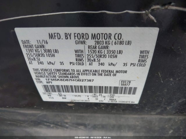 Продажа на аукционе авто 2017 Ford Explorer Xlt, vin: 1FM5K8D87HGB27387, номер лота: 45396155