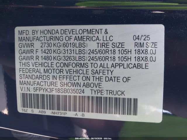 5FPYK3F18SB035024 Honda Ridgeline