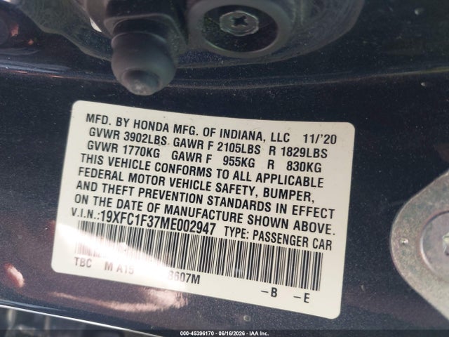 Honda CIVIC EX 2021 19XFC1F37ME002947 Image 9