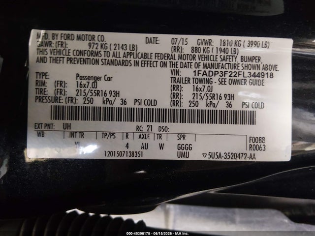 Продаж на аукціоні авто 2015 Ford Focus Se, vin: 1FADP3F22FL344918, номер лоту: 45396175