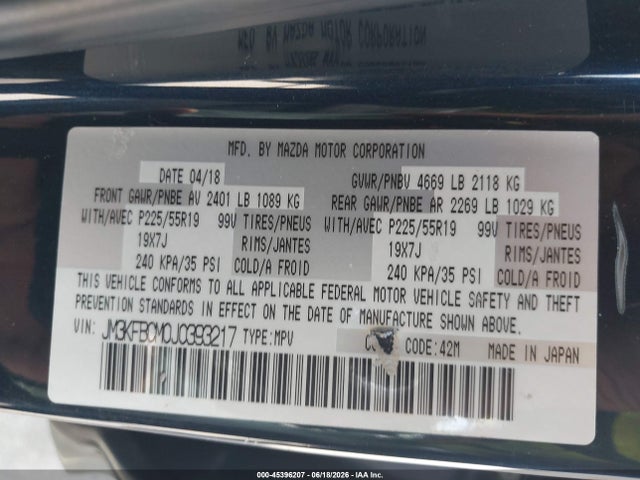 45396207 :رقم المزاد ، JM3KFBCM0J0393217 vin ، 2018 Mazda Cx-5 Touring مزاد بيع