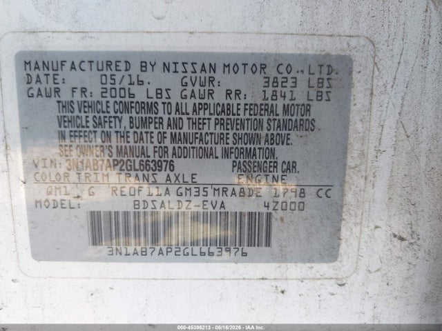 Продаж на аукціоні авто 2016 Nissan Sentra Sv, vin: 3N1AB7AP2GL663976, номер лоту: 45396213