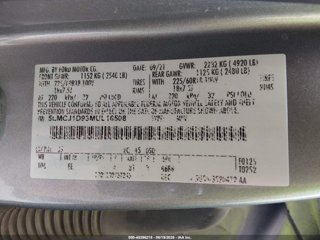 2021 Lincoln Corsair Standard მანქანა იყიდება აუქციონზე, vin: 5LMCJ1D93MUL16508, აუქციონის ნომერი: 45396218