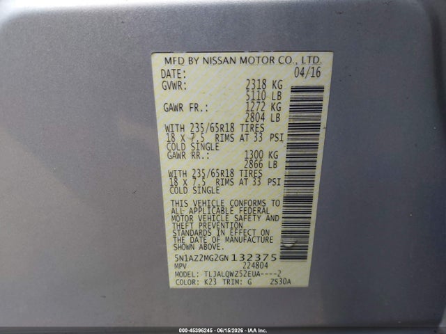 Продаж на аукціоні авто 2016 Nissan Murano Platinum/s/sl/sv, vin: 5N1AZ2MG2GN132375, номер лоту: 45396245