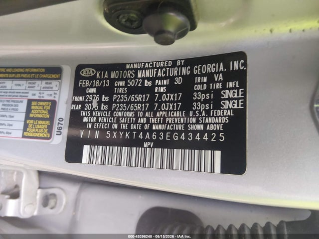 Продажа на аукционе авто 2014 Kia Sorento Lx, vin: 5XYKT4A63EG434425, номер лота: 45396248