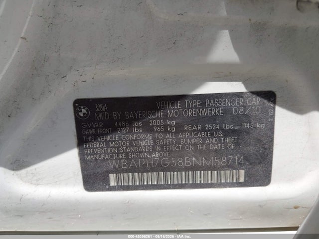 45396261 :رقم المزاد ، WBAPH7G58BNM58714 vin ، 2011 Bmw 328i مزاد بيع