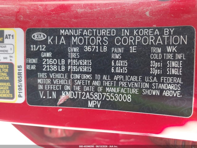 45396298 :رقم المزاد ، KNDJT2A58D7553008 vin ، 2013 Kia Soul مزاد بيع