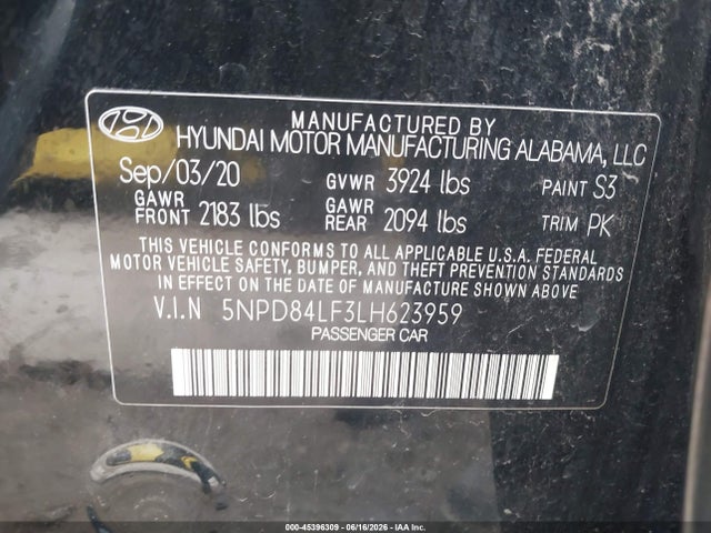 Продажа на аукционе авто 2020 Hyundai Elantra Sel, vin: 5NPD84LF3LH623959, номер лота: 45396309