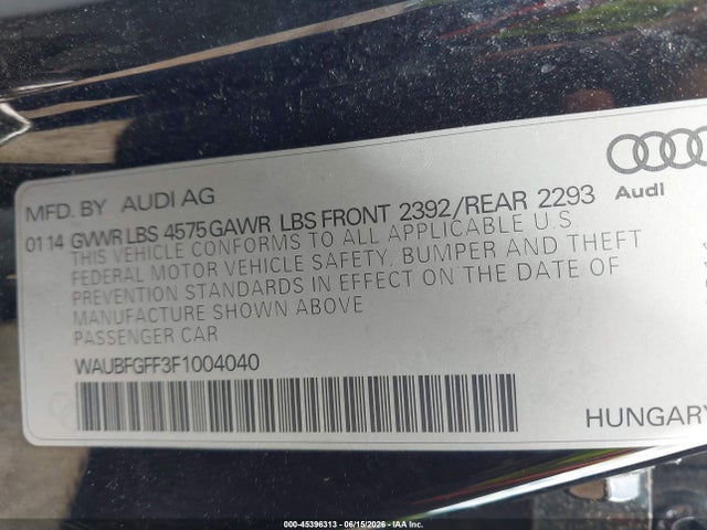 Aukcja sprzedaży 2015 Audi A3 2.0t Premium, vin: WAUBFGFF3F1004040, numer aukcji: 45396313