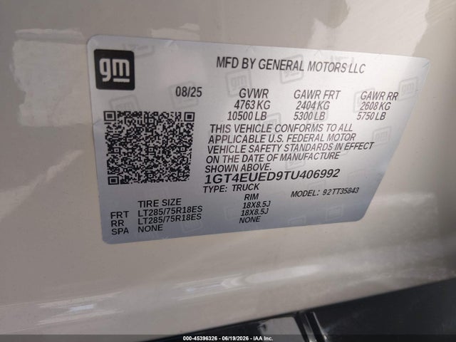 Aukcja sprzedaży 2026 Gmc Sierra Ev Extended Range At4, vin: 1GT4EUED9TU406992, numer aukcji: 45396326