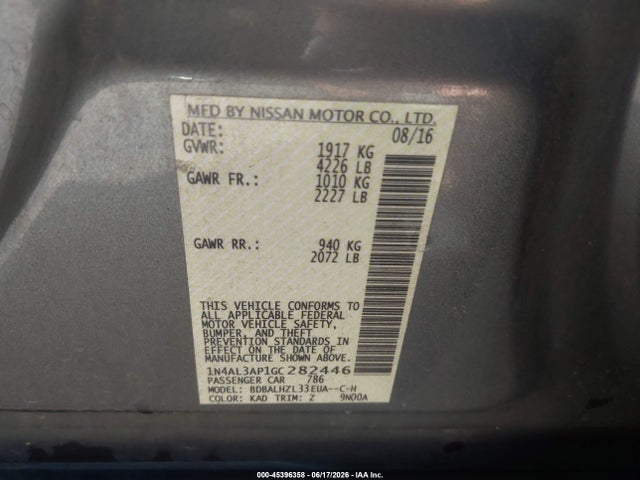 Aukcja sprzedaży 2016 Nissan Altima 2.5 Sr, vin: 1N4AL3AP1GC282446, numer aukcji: 45396358