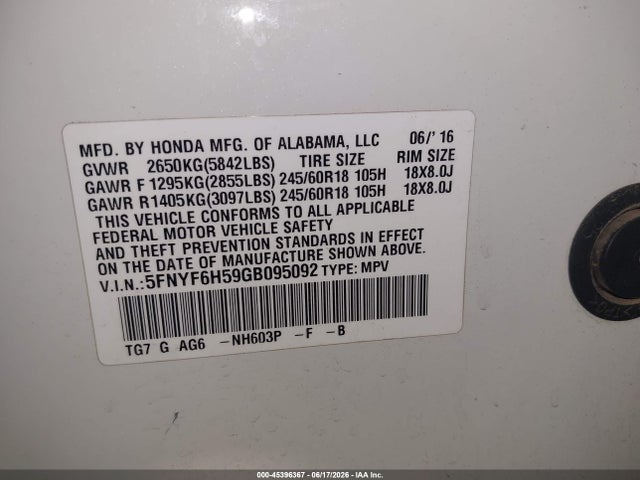 Honda Pilot Ex-l 2016 5FNYF6H59GB095092 Image 9