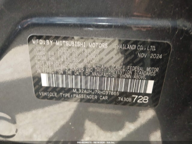 Продаж на аукціоні авто 2024 Mitsubishi Mirage Es/le, vin: ML32AUHJ7RH037865, номер лоту: 45396375