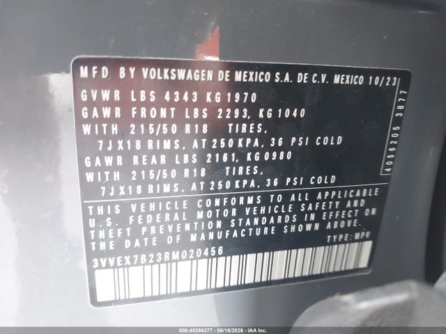 2024 Volkswagen Taos 1.5t Se მანქანა იყიდება აუქციონზე, vin: 3VVEX7B23RM020456, აუქციონის ნომერი: 45396377
