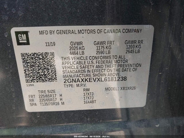 2GNAXKEVXL6181238 Chevrolet Equinox Fwd Lt 1.5l Turbo
