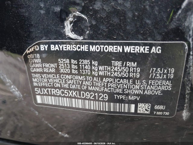 2019 Bmw X3 Xdrive30i მანქანა იყიდება აუქციონზე, vin: 5UXTR9C5XKLD92129, აუქციონის ნომერი: 45396400