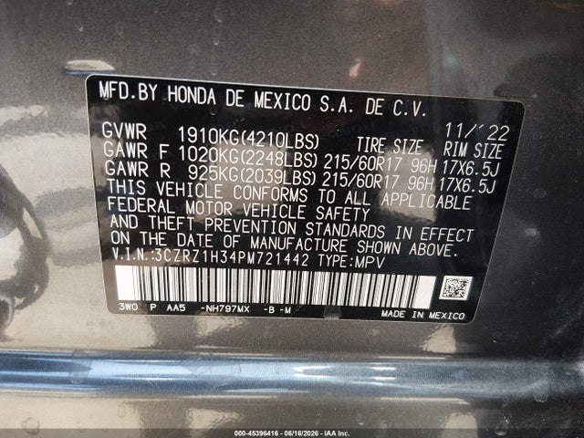 3CZRZ1H34PM721442 Honda Hr-v 2wd Lx