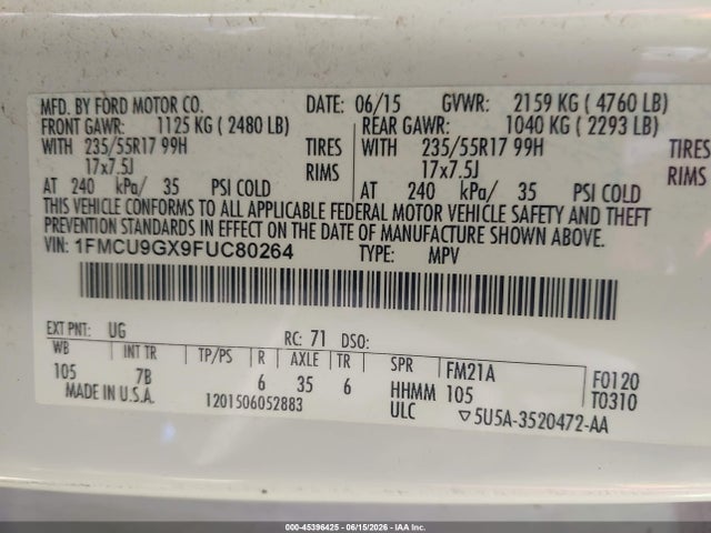 Ford ESCAPE SE 2015 1FMCU9GX9FUC80264 Image 9