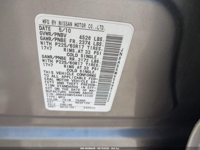 Aukcja sprzedaży 2010 Nissan Rogue Sl, vin: JN8AS5MV5AW612330, numer aukcji: 45396439