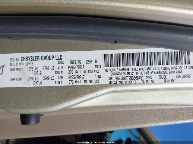 Продаж на аукціоні авто 2011 Ram Ram 1500 Slt, vin: 3D7JB1ET2BG508451, номер лоту: 45396473