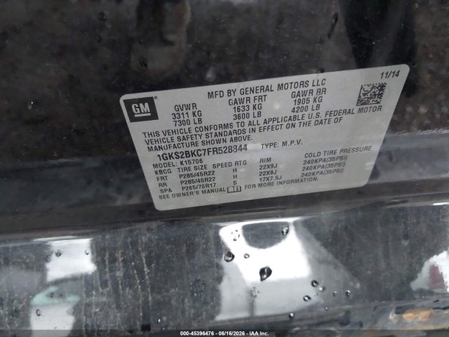 2015 Gmc Yukon Slt მანქანა იყიდება აუქციონზე, vin: 1GKS2BKC7FR528844, აუქციონის ნომერი: 45396476
