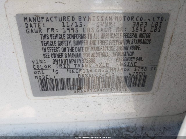 Aukcja sprzedaży 2015 Nissan Sentra S, vin: 3N1AB7AP4FY373398, numer aukcji: 45396490