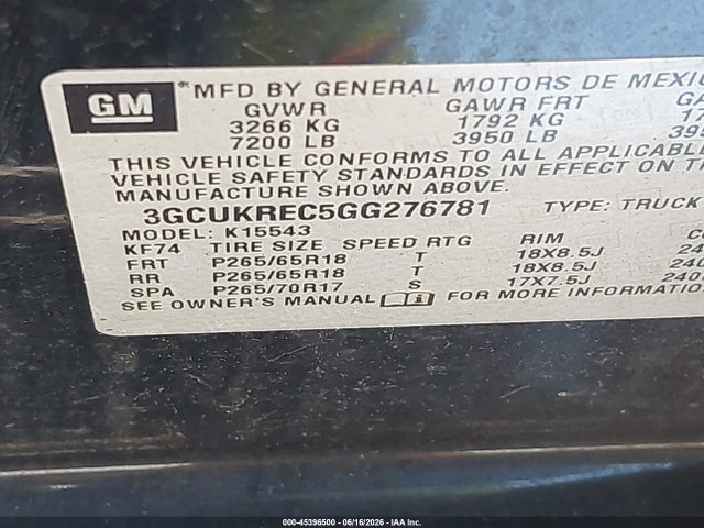 Aukcja sprzedaży 2016 Chevrolet Silverado 1500 2lt, vin: 3GCUKREC5GG276781, numer aukcji: 45396500