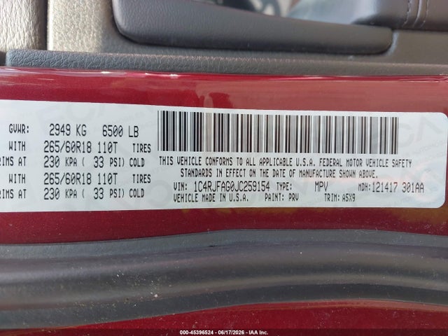 45396524 :رقم المزاد ، 1C4RJFAG0JC259154 vin ، 2018 Jeep Grand Cherokee Laredo E 4x4 مزاد بيع